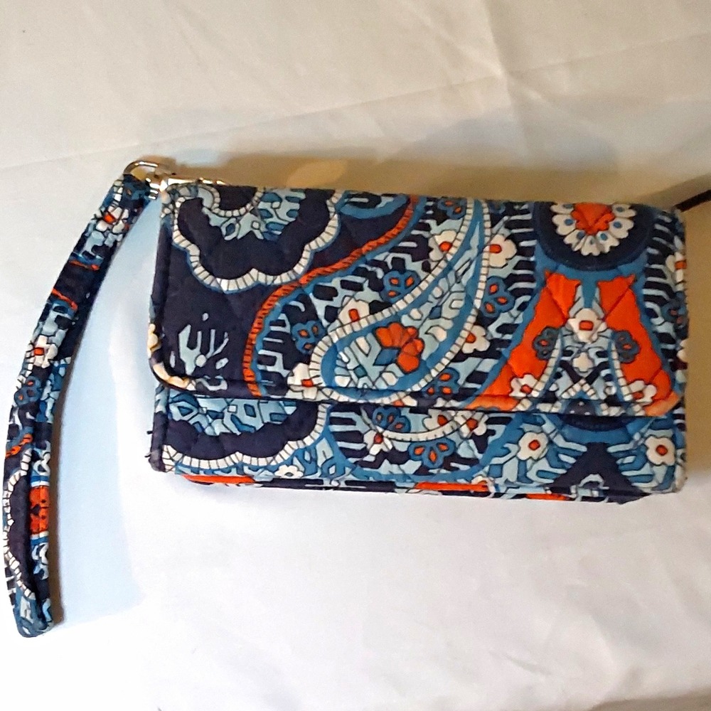 Women's Vera Bradley Wristlet Wallet Blue Orange White Paisley Zip Strap Snap